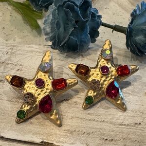 Gold Starfish Earrings with Colorful Gems